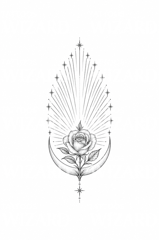 Guadalupe Crescent Moon and Rose Rays Tattoo Idea