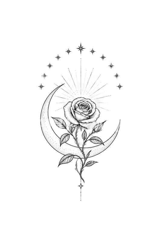 Guadalupe Crescent Moon with Rose and Twelve Stars Tattoo