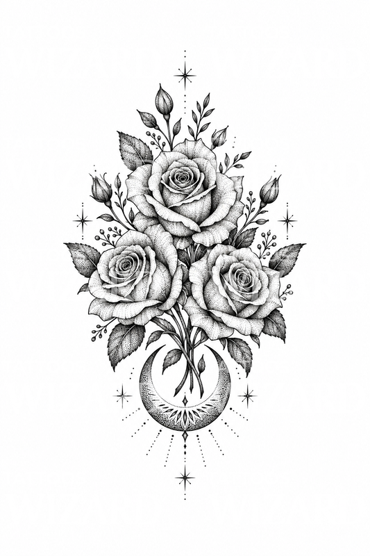 Dotwork-tatoveringsidé med Guadalupe-rosebukett og halvmåne
