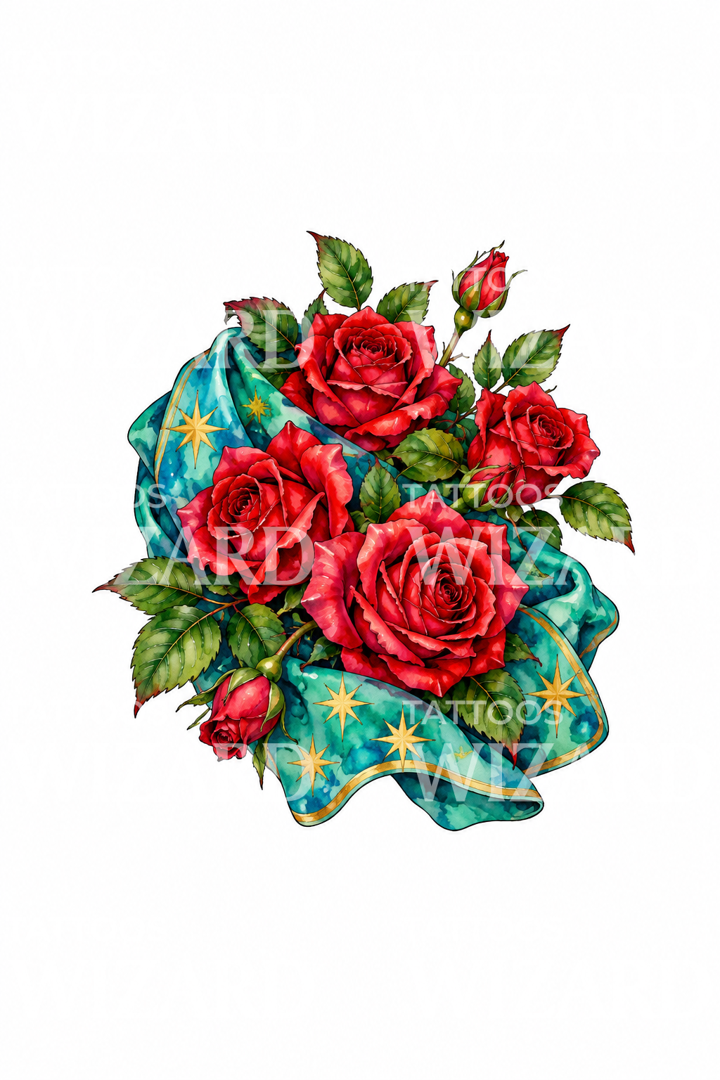 Guadalupe Roses in Starry Turquoise Cloth Watercolor Tattoo