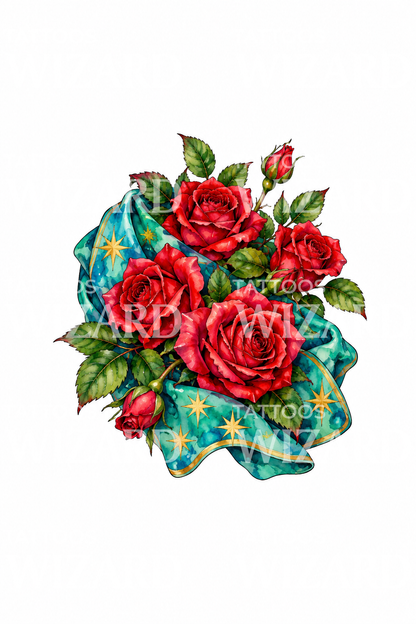 Guadalupe Roses in Starry Turquoise Cloth Watercolor Tattoo