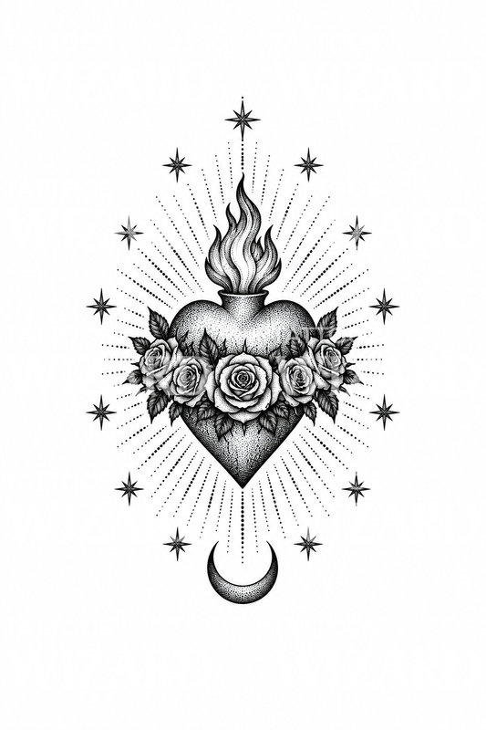 Guadalupe Sacred Heart with Roses and Stars Dotwork Tattoo