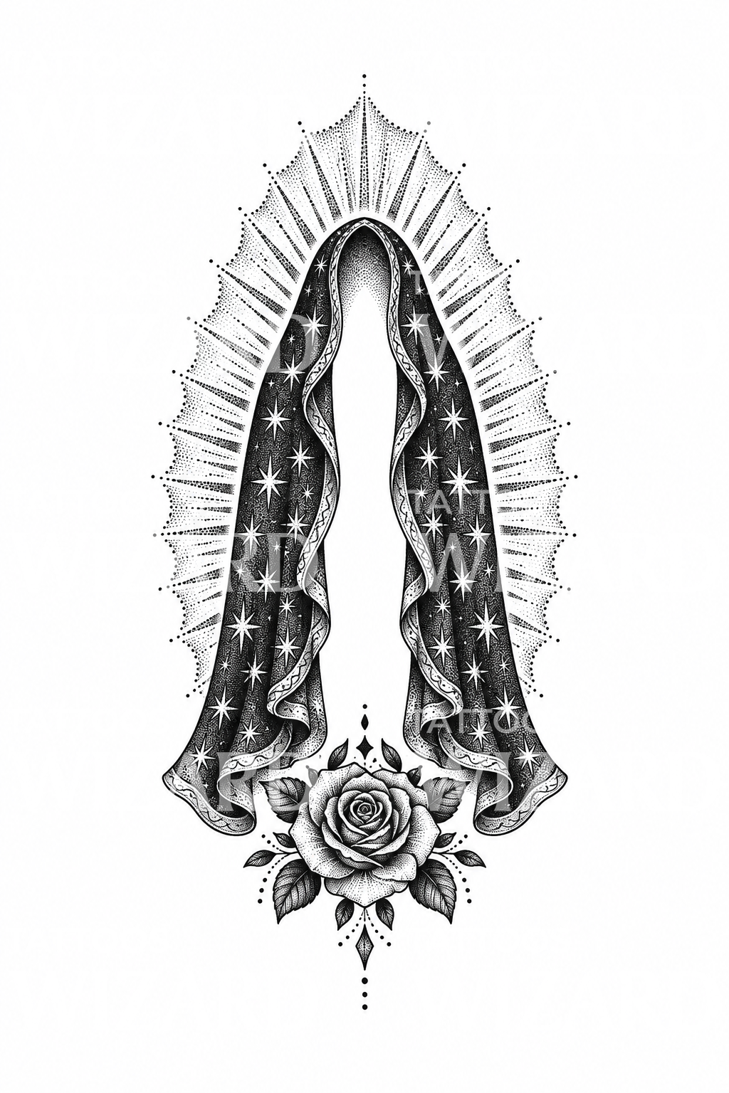 Guadalupe Yıldızlı Manto Dotwork Dövme Tasarımı