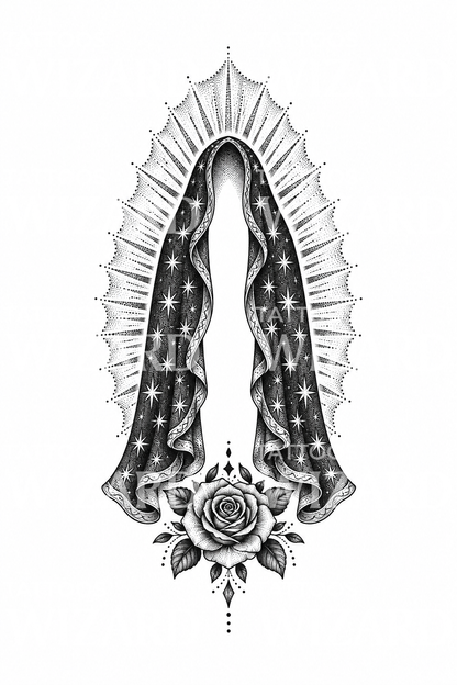 Guadalupe Yıldızlı Manto Dotwork Dövme Tasarımı