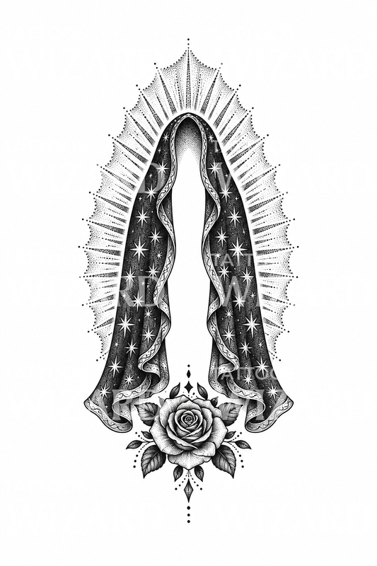 Guadalupe Yıldızlı Manto Dotwork Dövme Tasarımı