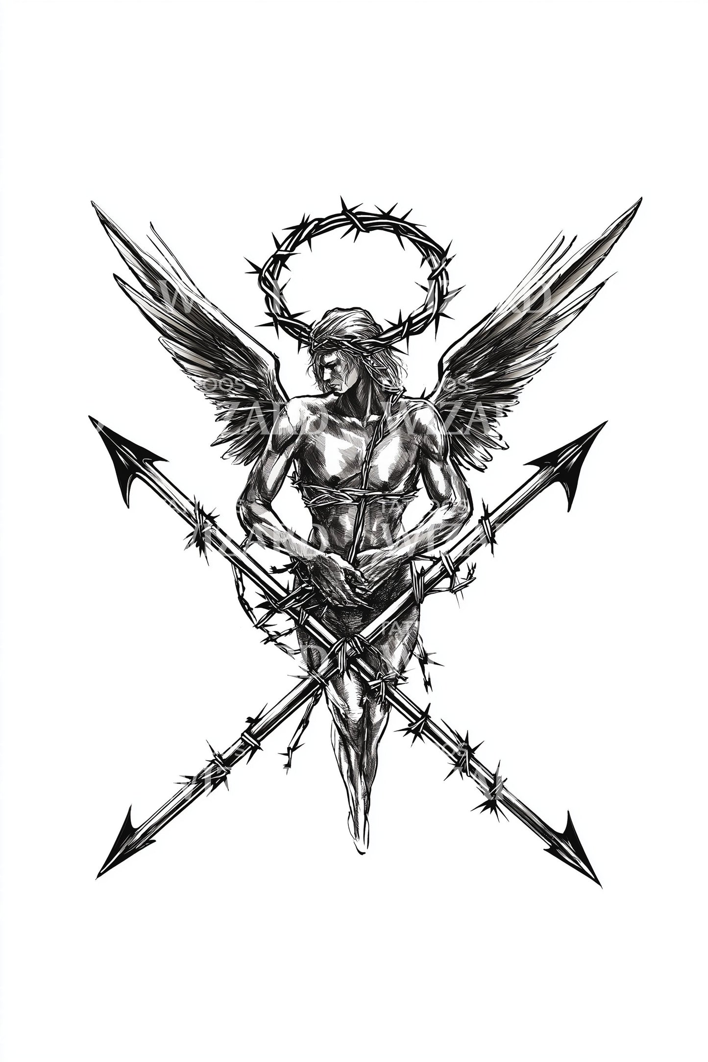 Guardian Angel Crossed Spears Tattoo Design