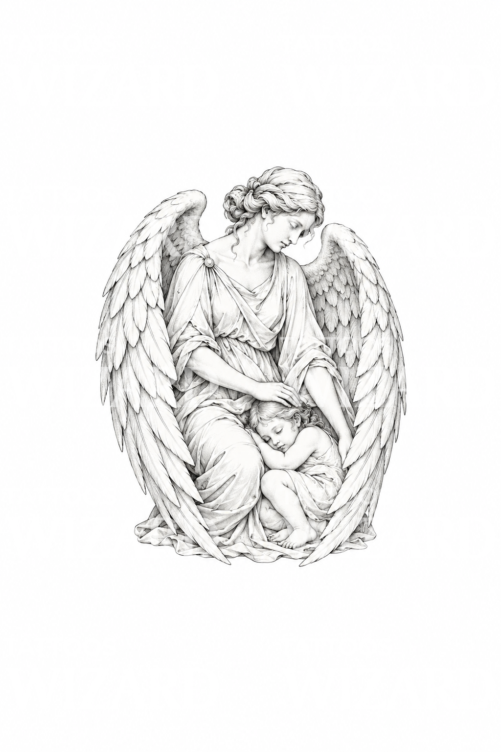 Tatoveringsdesign av skytsengel som beskytter et barn