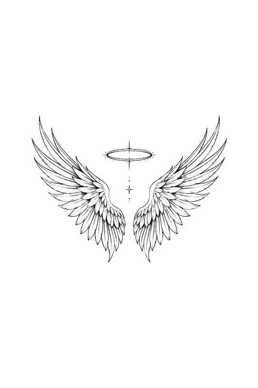 Tatuagem de asas de anjo da guarda com auréola