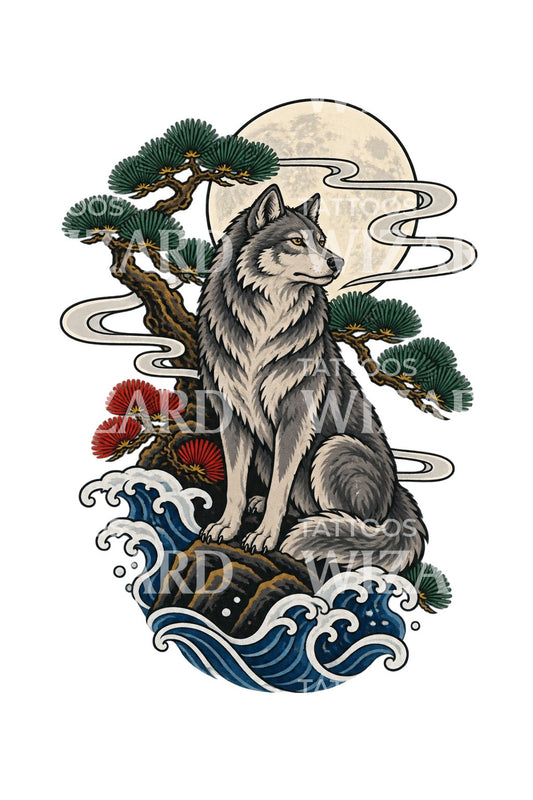 Disegno tatuaggio lupo guardiano sotto pino e luna piena