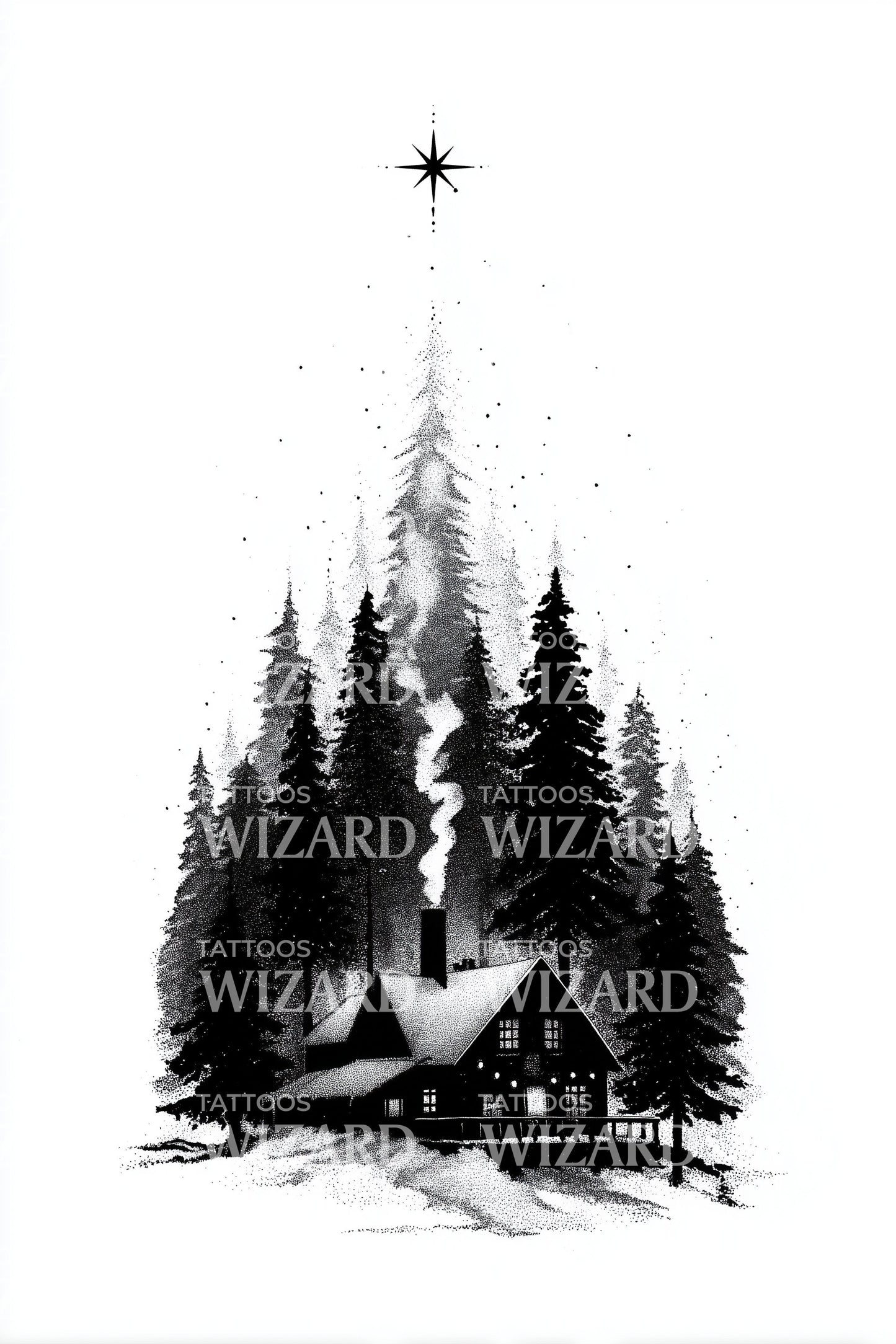 Guiding Star Forest Cabin Tattoo Design