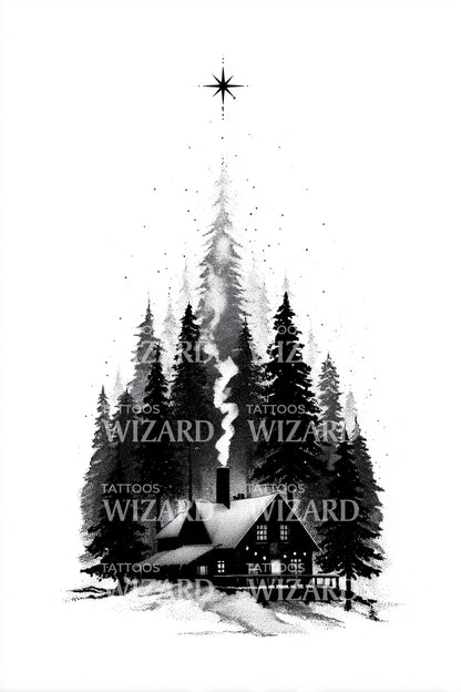 Guiding Star Forest Cabin Tattoo Design
