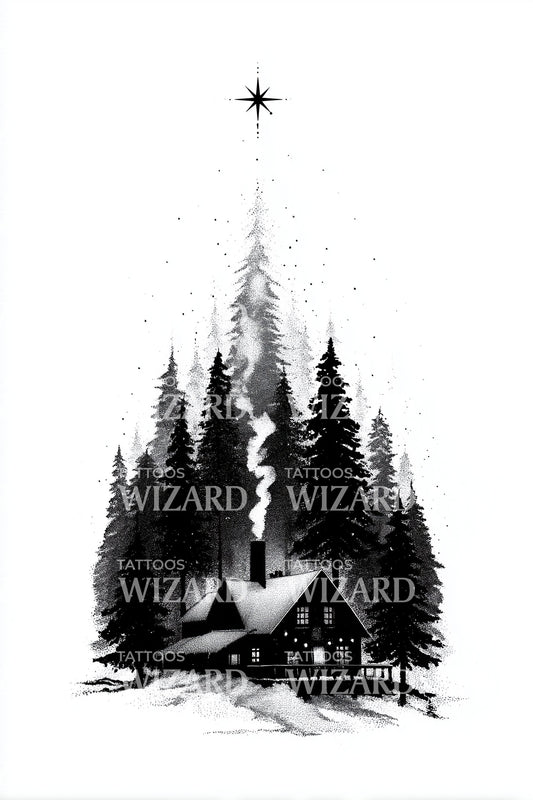 Guiding Star Forest Cabin Tattoo Design