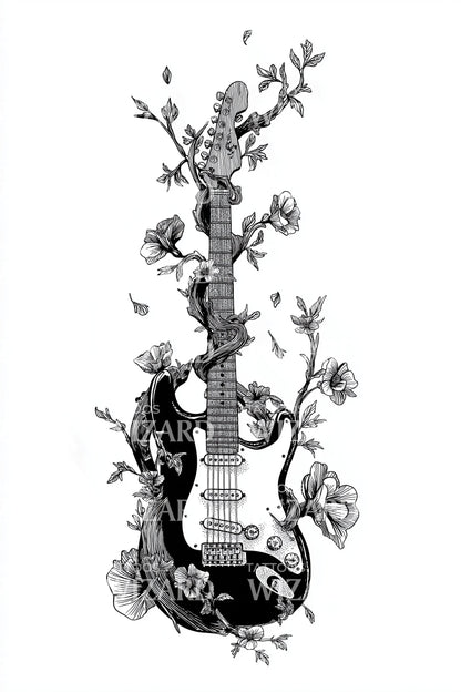 Diseño de tatuaje fusión de vid de guitarra