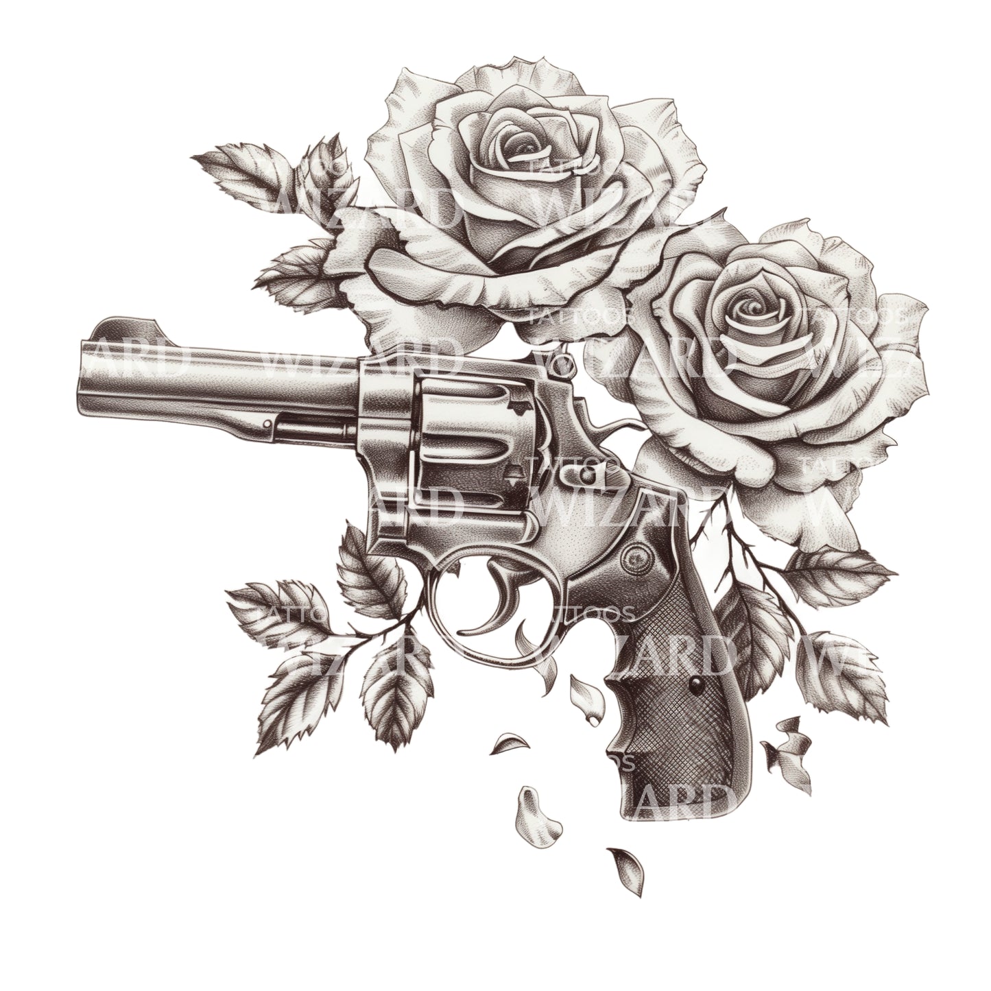 Eine Pistole mit Rosen Tattoo-Idee