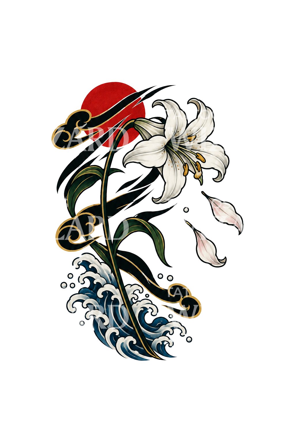 Ilustração japonesa de lírio varrido pelo vento com sol vermelho