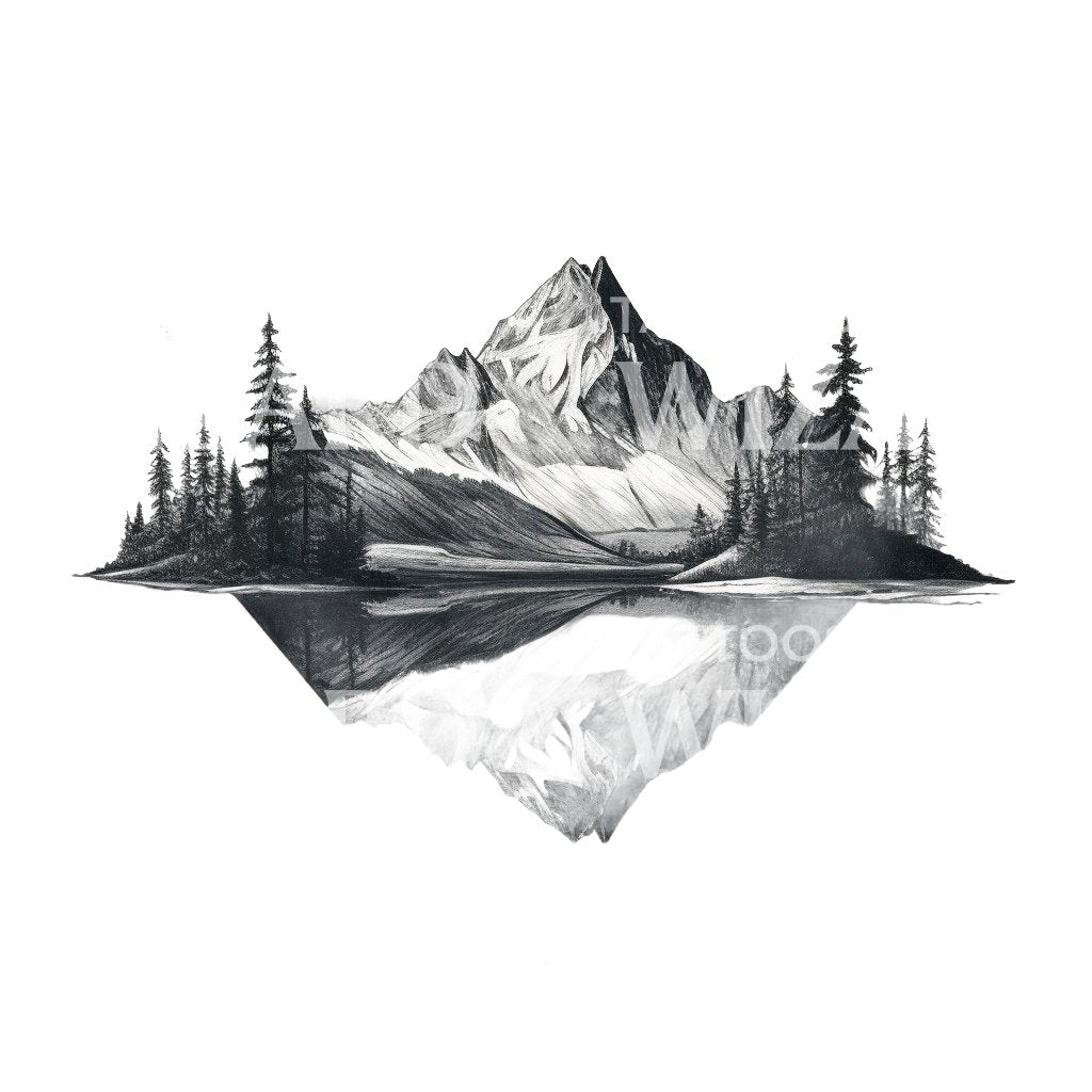 Dotwork Mountain Lake Tattoo Design