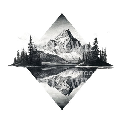 Dotwork Mountain Lake Tattoo Design
