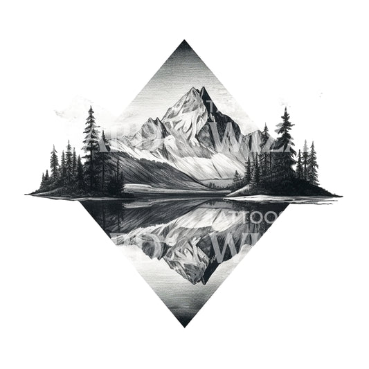 Conception de tatouage de lac de montagne Dotwork