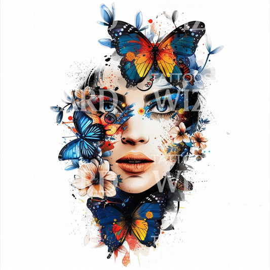 A Colorful Woman Portrait with Butterflies Tattoo Design