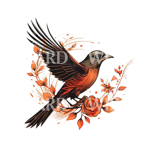 Starling Bird with Roses Old School Tattoo Design