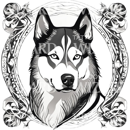 Siberian Husky Dog Head with Circle Floral Patterns Tattoo Design