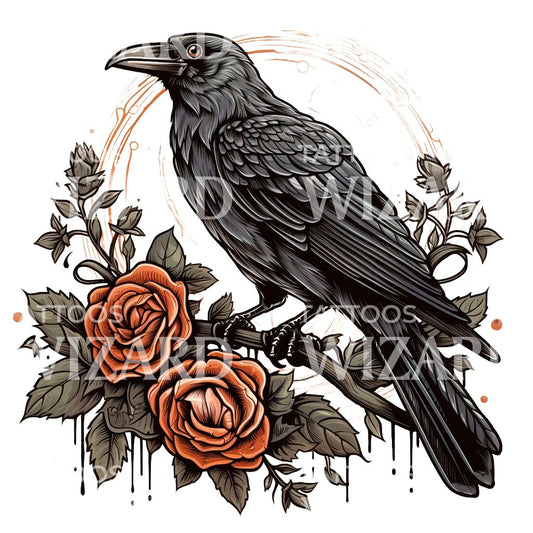 Crow and Roses Old School Tattoo Design