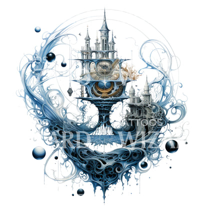 Surrealist Fantasy City Tattoo Design