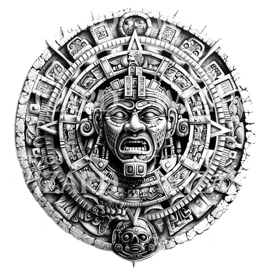Mystical Aztec Coin Calendar Tattoo Design