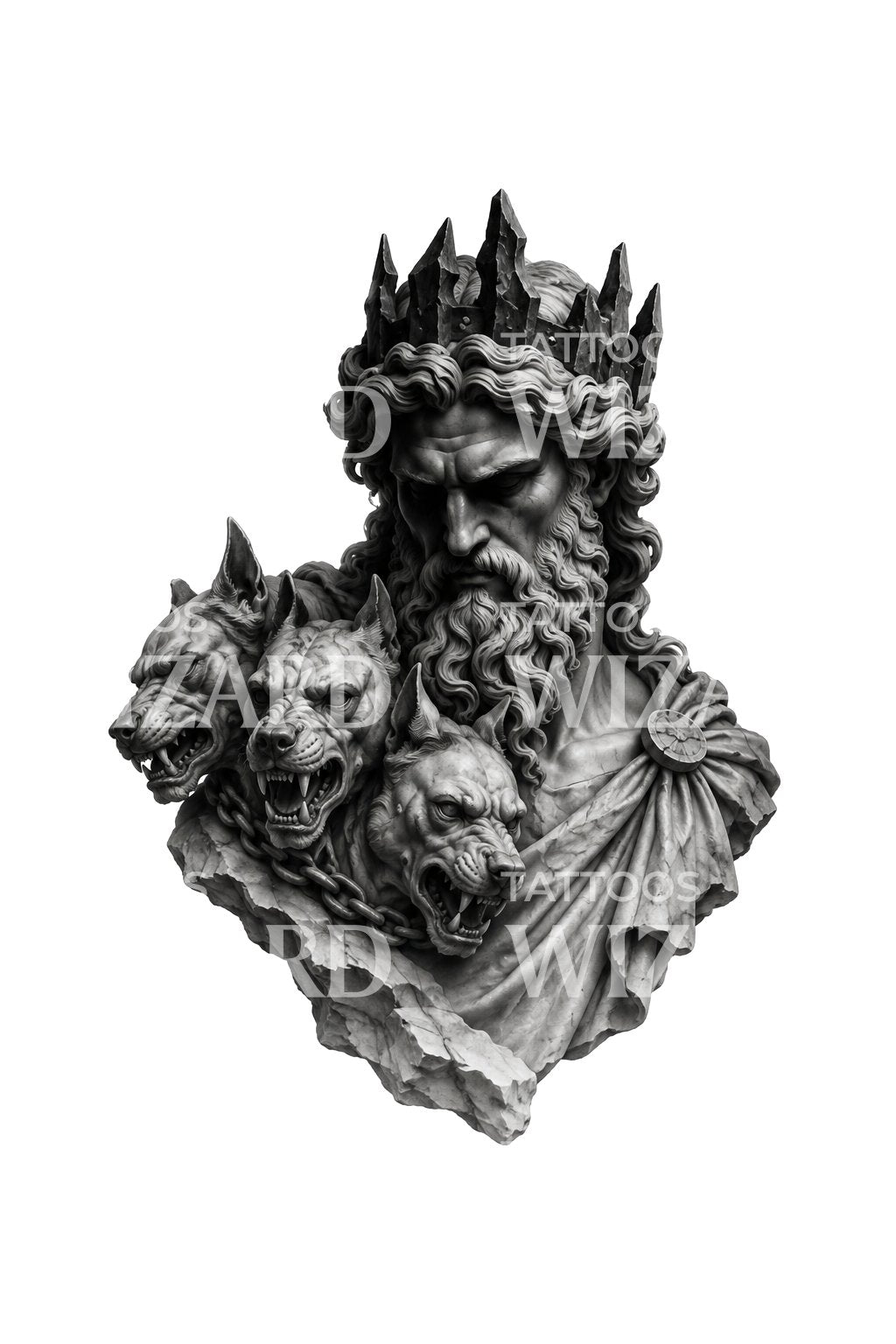 Ilustração de tatuagem de Hades e Cérbero como estátua de mármore