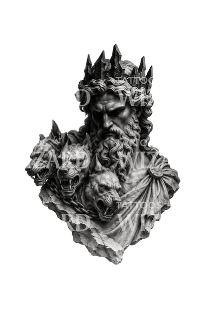 Ilustração de tatuagem de Hades e Cérbero como estátua de mármore