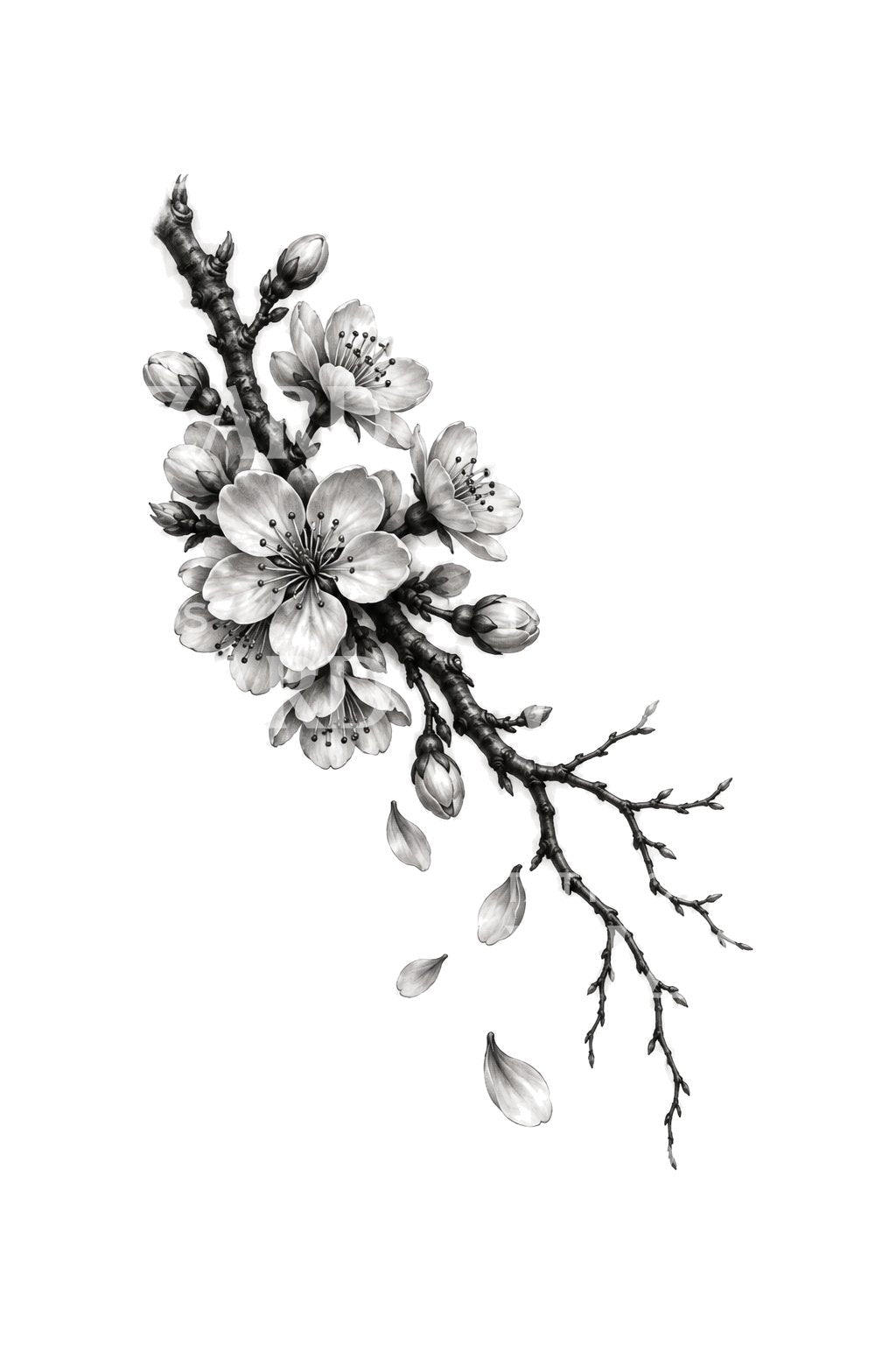 Ilustrasi tato cabang sakura setengah gundul hitam dan abu-abu