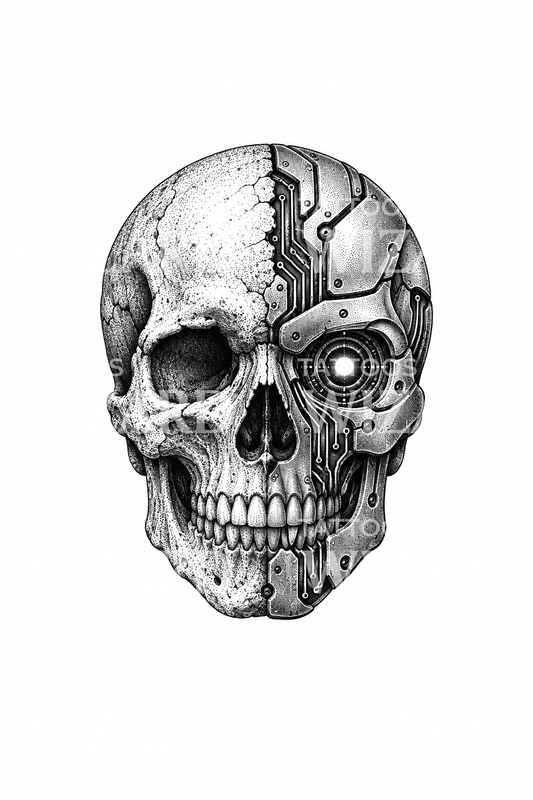 Desain Tato Dotwork Tengkorak Setengah Cyborg