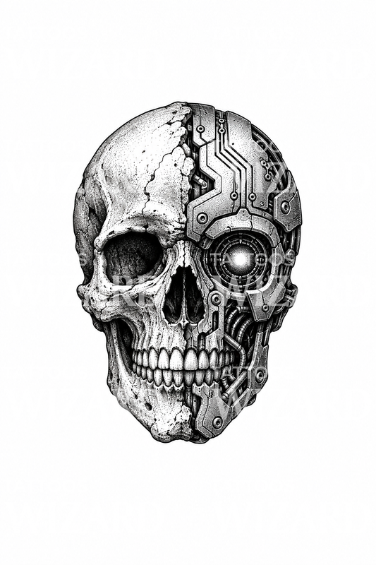 Half Cyborg Skull with Circuits Dotwork Tattoo