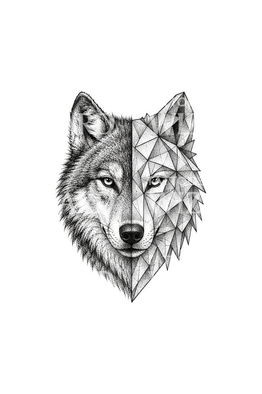 Half geometrisch wolvengezicht in dotwork