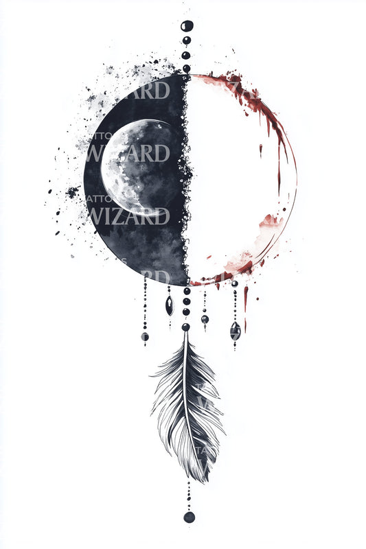 Half Moon and Feather Tattoo Design