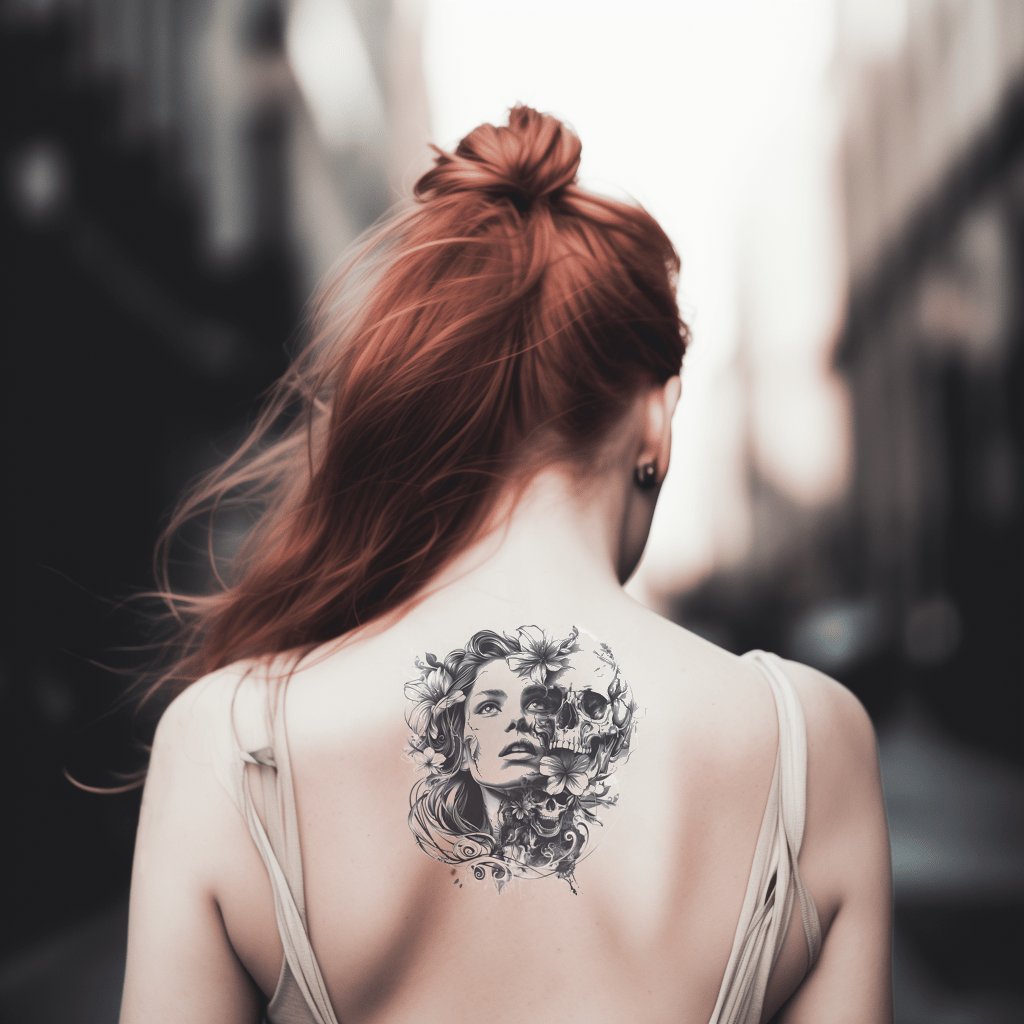 Stunning Woman and Skull Portrait Tattoo Design