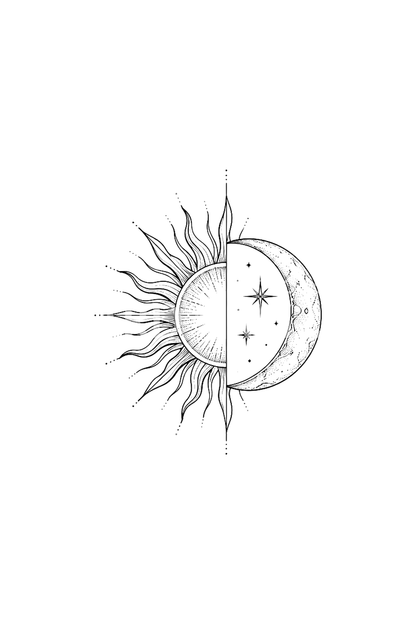 Half Sun Half Moon Circle Fine Line Tattoo Idea