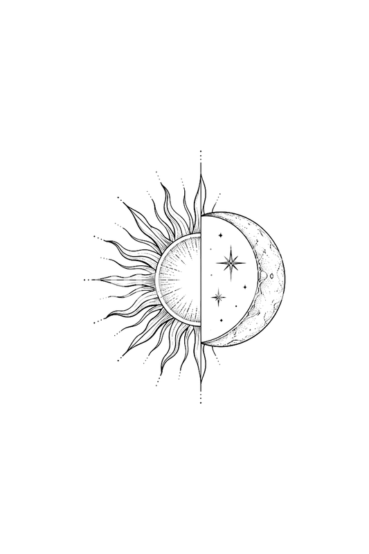 Half Sun Half Moon Circle Fine Line Tattoo Idea
