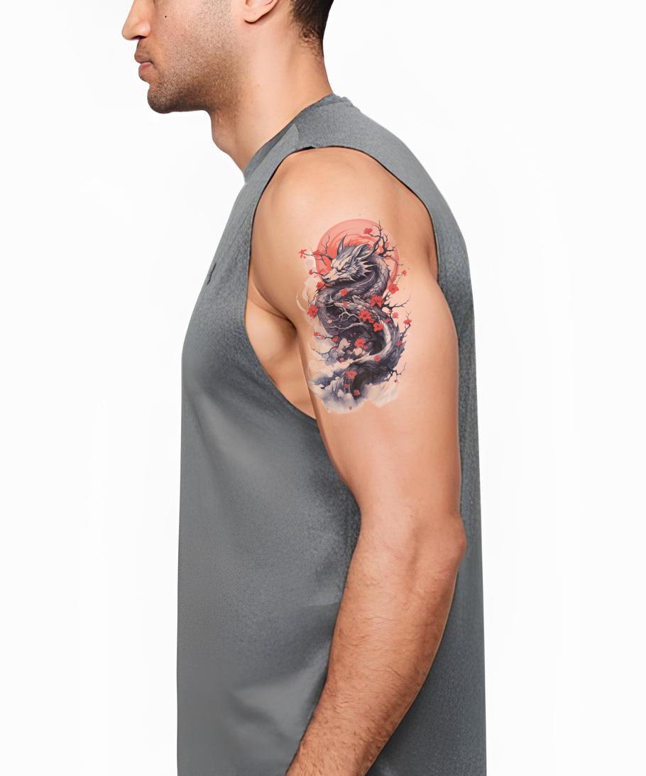 Halfsleeve Red Sun Japanese Dragon Tattoo Design