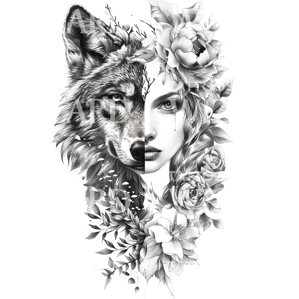 Halfsleeve Woman Wolf Tattoo Design – Tattoos Wizard Designs