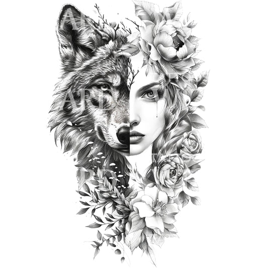 Halfsleeve Woman Wolf Tattoo Design