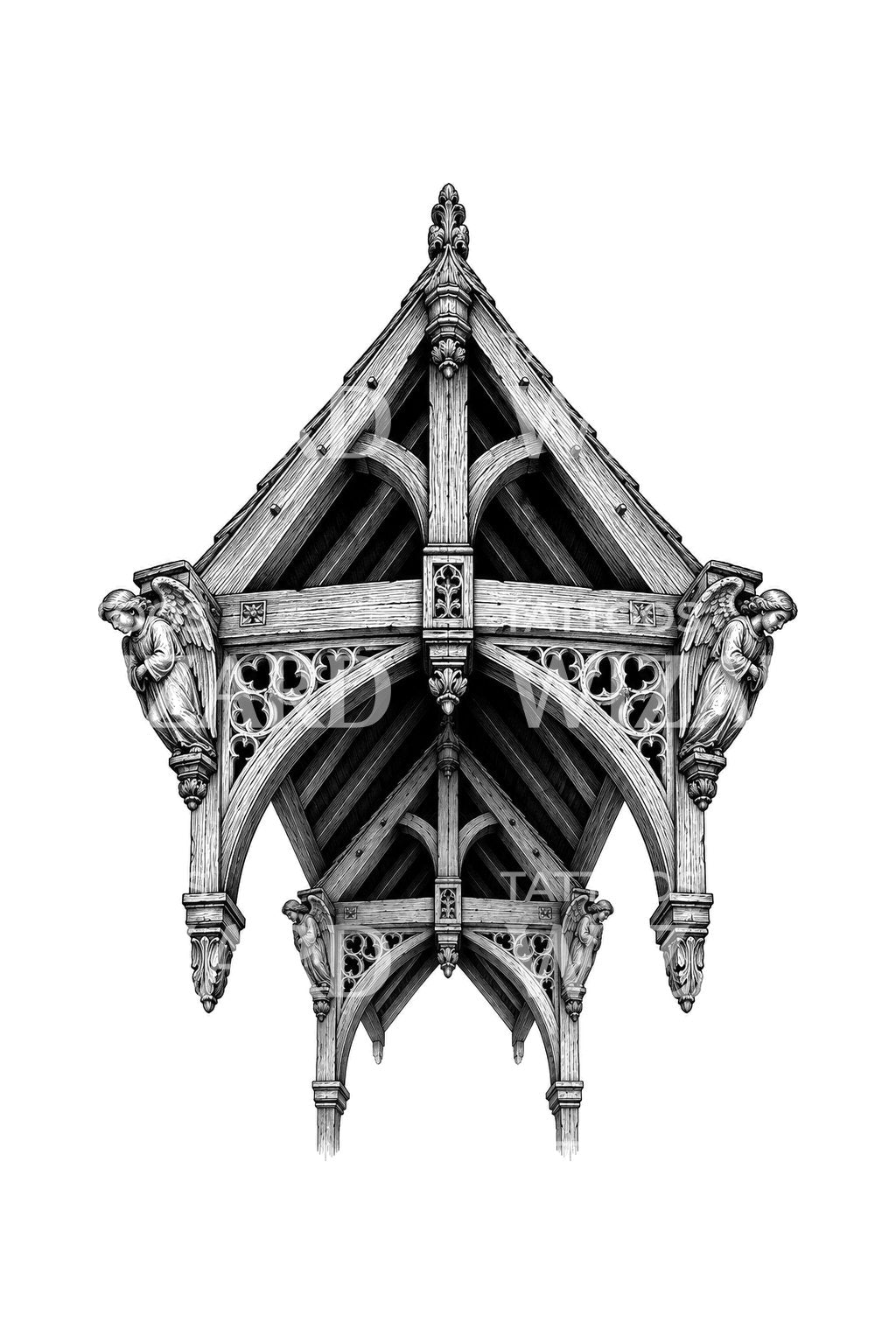 Tatueringsdesign med hammerbeam-tak och änglar
