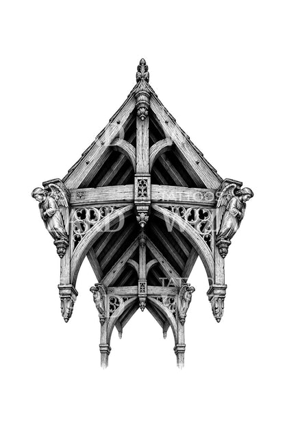 Tatueringsdesign med hammerbeam-tak och änglar