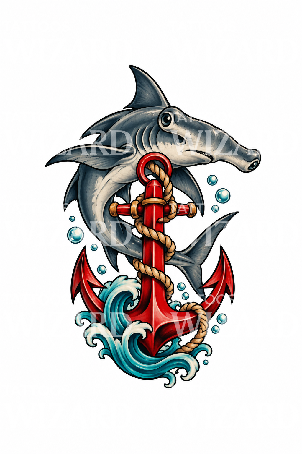Design de tatuagem de tubarão-martelo a rodear uma âncora vermelha