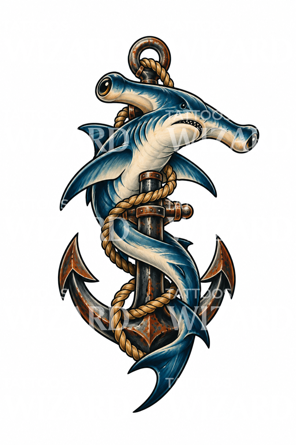Hammerhead Shark Coiled on Anchor Tattoo
