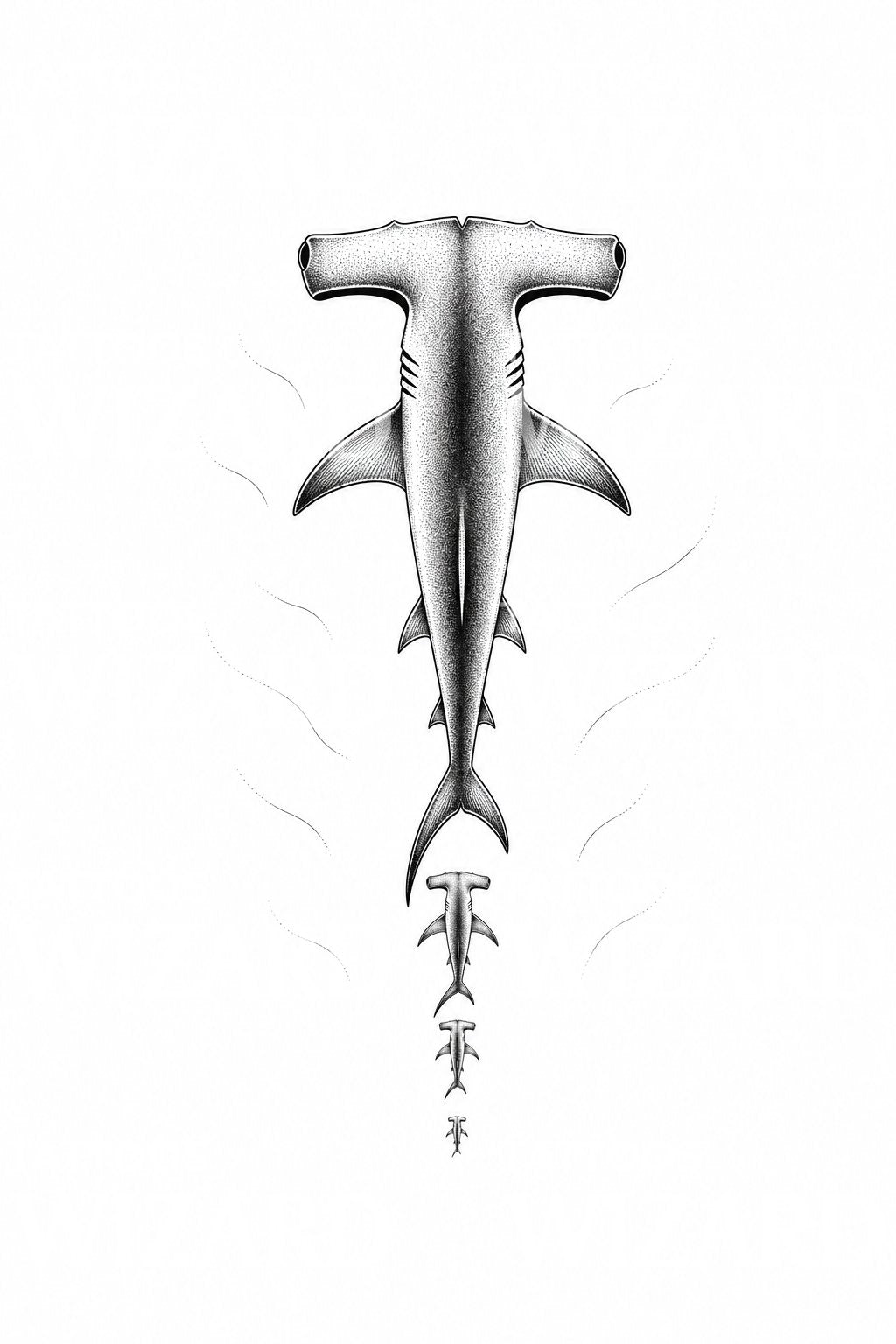 Diseño de tatuaje de tiburón martillo visto desde arriba