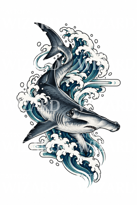 Squalo martello tra onde giapponesi, design per tatuaggio
