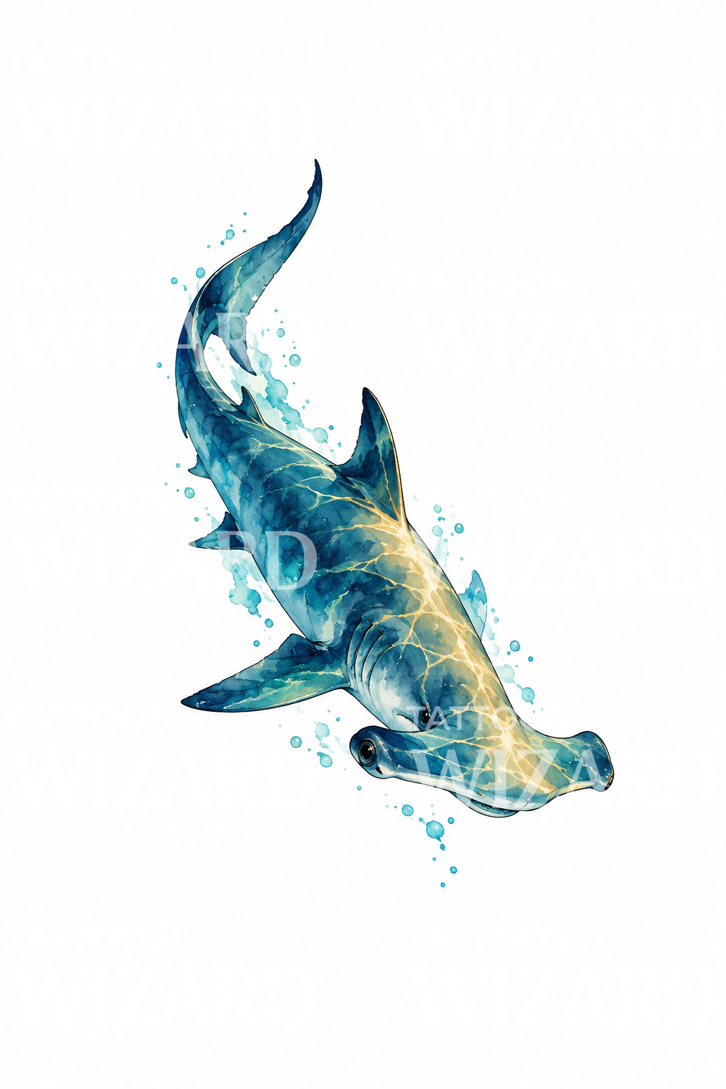Hammerhead Shark in Sunlight Shaft Watercolor Tattoo