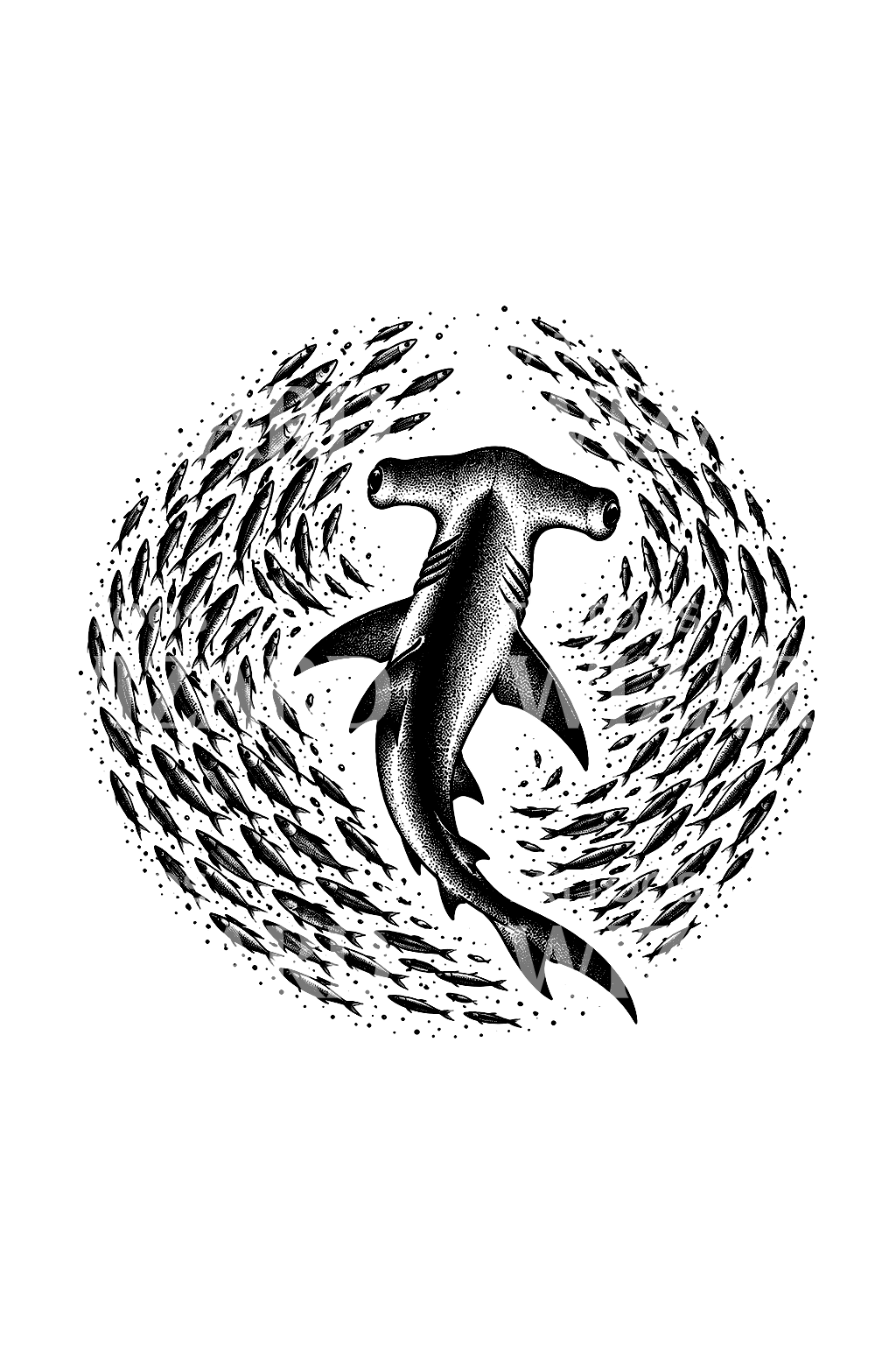 Hammerhaj gennem en stime sardiner, dotwork-tatovering