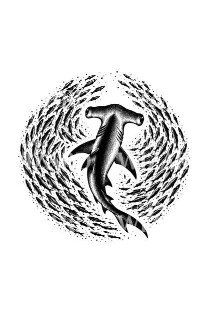 Hammerhaj gennem en stime sardiner, dotwork-tatovering